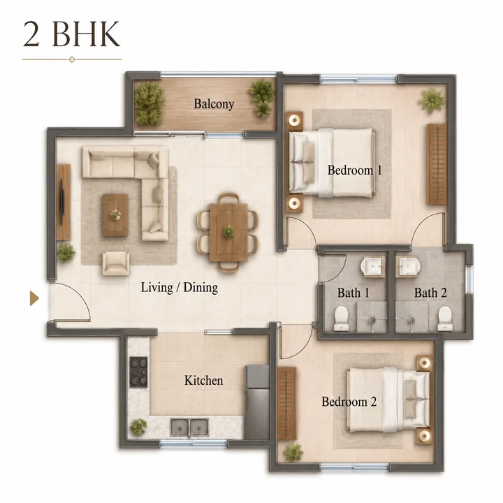TVS Emerald RR Nagar 2 BHK floor plan — 1,150–1,250 sq ft