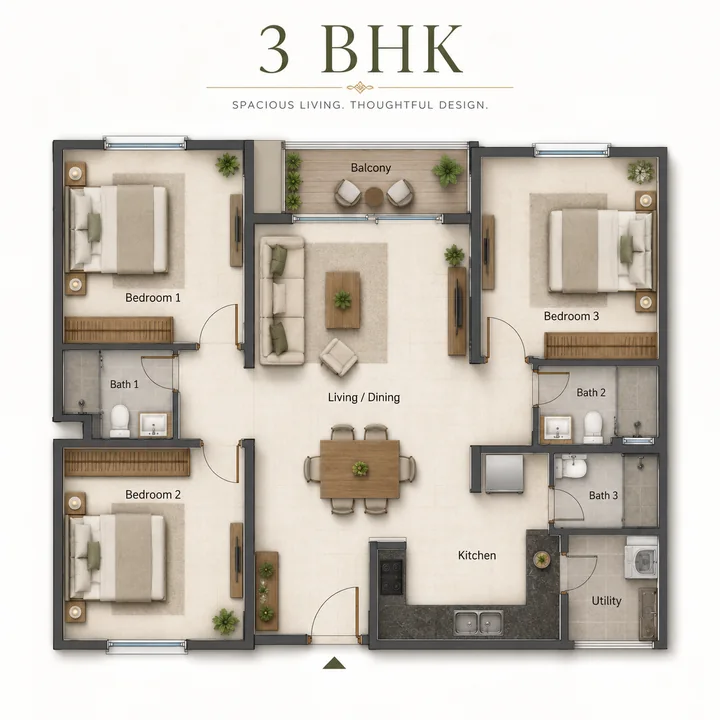 TVS Emerald RR Nagar 3 BHK floor plan — 1,550–1,800 sq ft